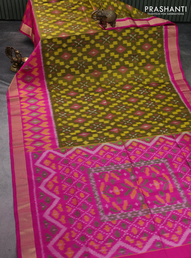 Ikat soft silk saree mehendi green and pink with allover ikat weaves and ikat style zari border