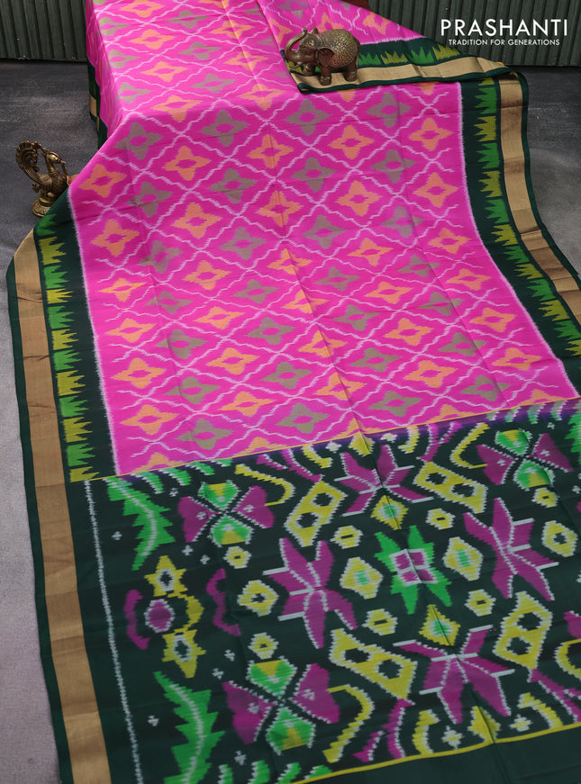 Ikat soft silk saree pink and green with allover ikat weaves and ikat style zari border