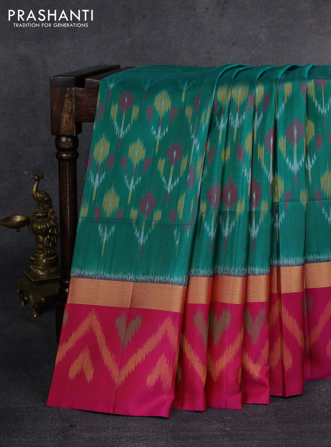Ikat soft silk saree teal green and pink with allover ikat weaves and zari woven ikat style border