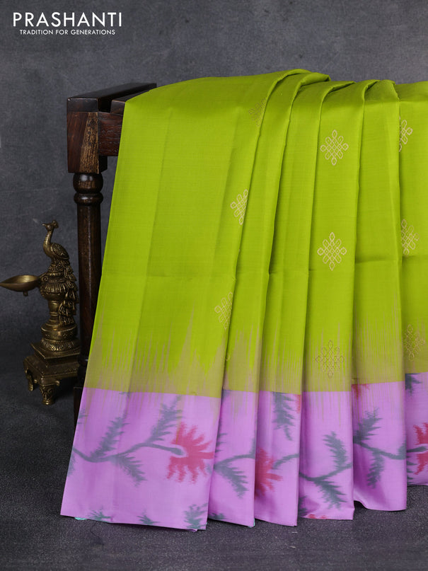 Ikat soft silk saree lime green and lavender with zari woven buttas and ikat style border