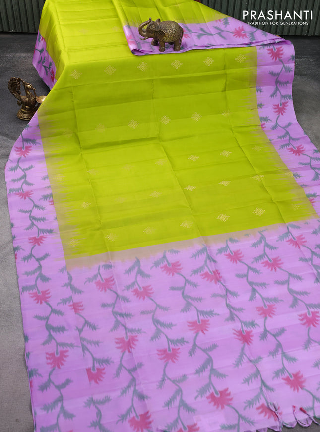 Ikat soft silk saree lime green and lavender with zari woven buttas and ikat style border