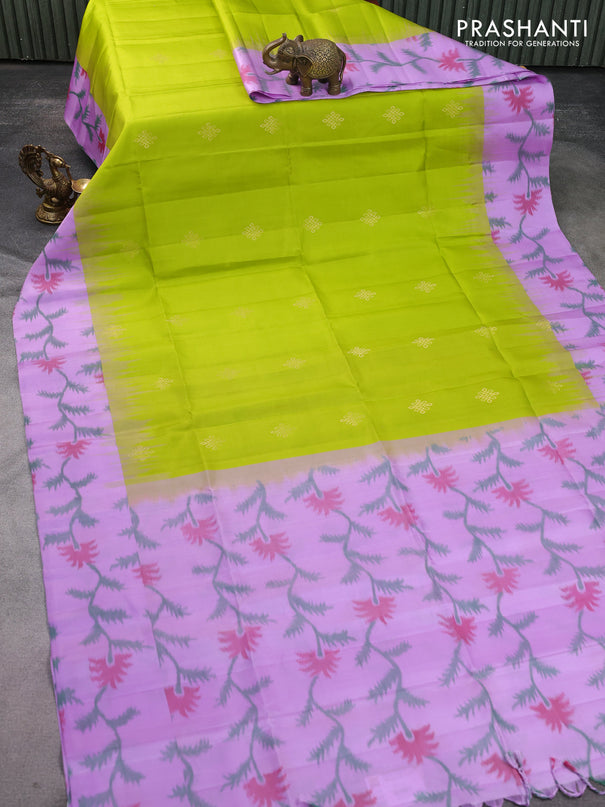 Ikat soft silk saree lime green and lavender with zari woven buttas and ikat style border
