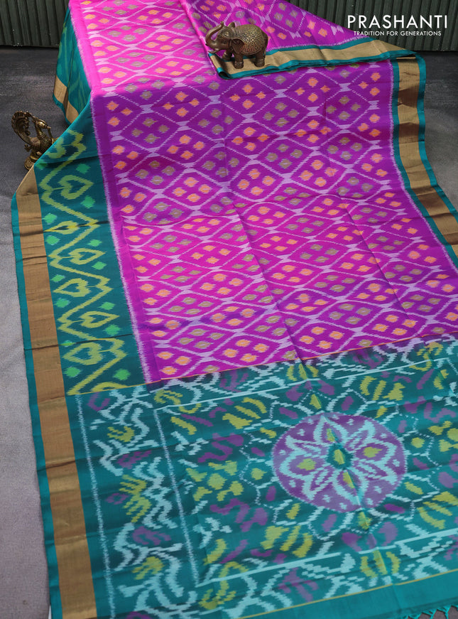 Ikat soft silk saree pink and teal green with allover ikat weaves and long ikat woven zari woven border