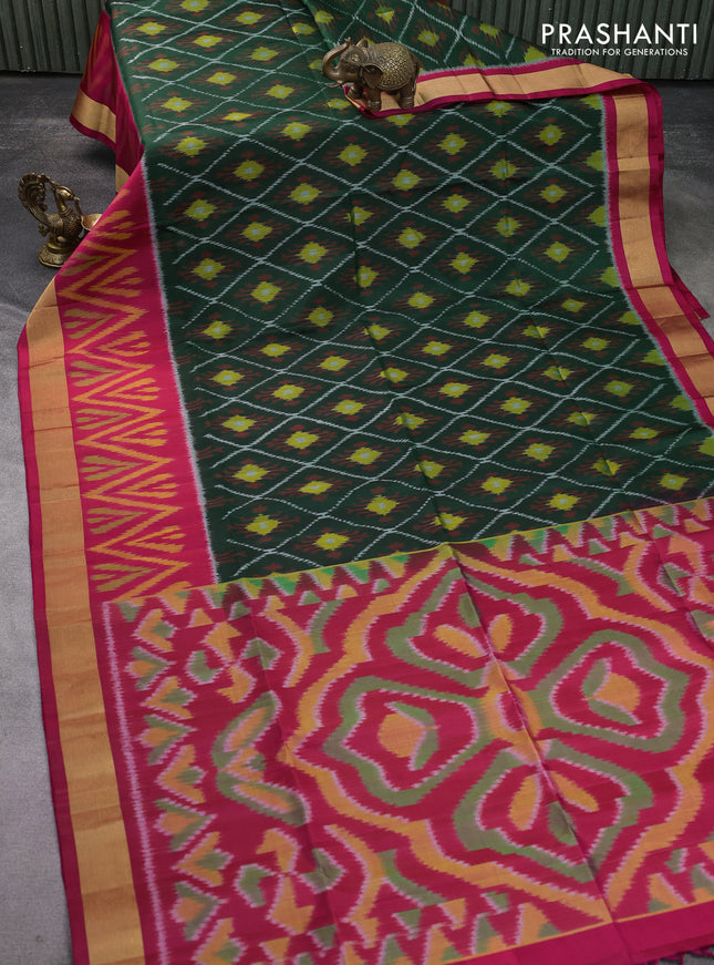 Ikat soft silk saree Dark green and pink with allover ikat weaves and long ikat woven zari woven border