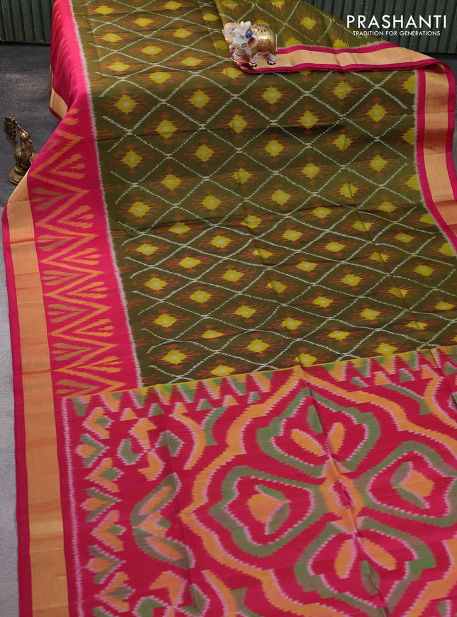 Ikat soft silk saree mehendi green and pink with allover ikat weaves and zari woven simple border