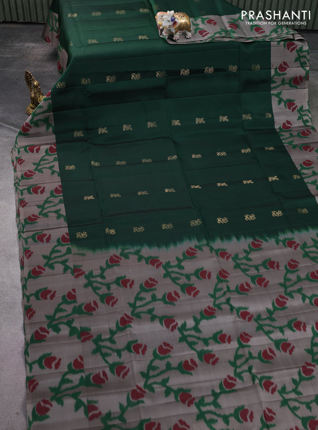 Ikat soft silk saree Dark green and grey with zari woven buttas and ikat style border