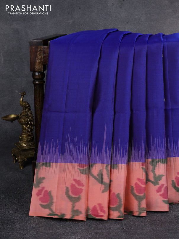 Ikat soft silk saree blue and peach orange with zari woven buttas and ikat style border