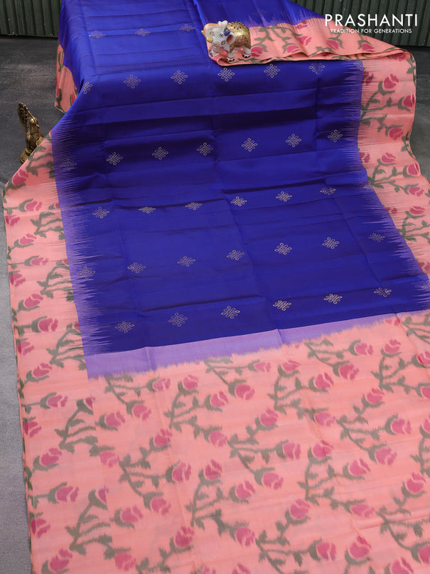 Ikat soft silk saree blue and peach orange with zari woven buttas and ikat style border