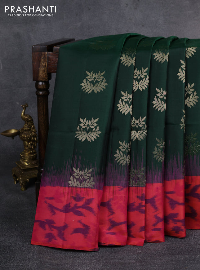 Ikat soft silk saree Dark green and dual shade of pinkish orange with zari woven buttas and ikat style border