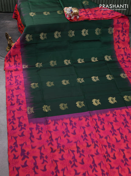 Ikat soft silk saree Dark green and dual shade of pinkish orange with zari woven buttas and ikat style border