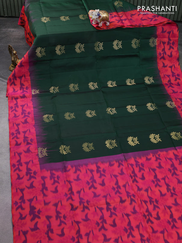 Ikat soft silk saree Dark green and dual shade of pinkish orange with zari woven buttas and ikat style border