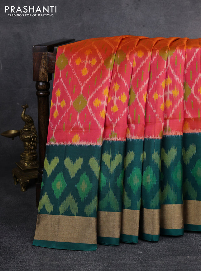 Ikat soft silk saree dual shade of pinkish orange and peacock green with allover ikat weaves and long ikat woven zari woven border