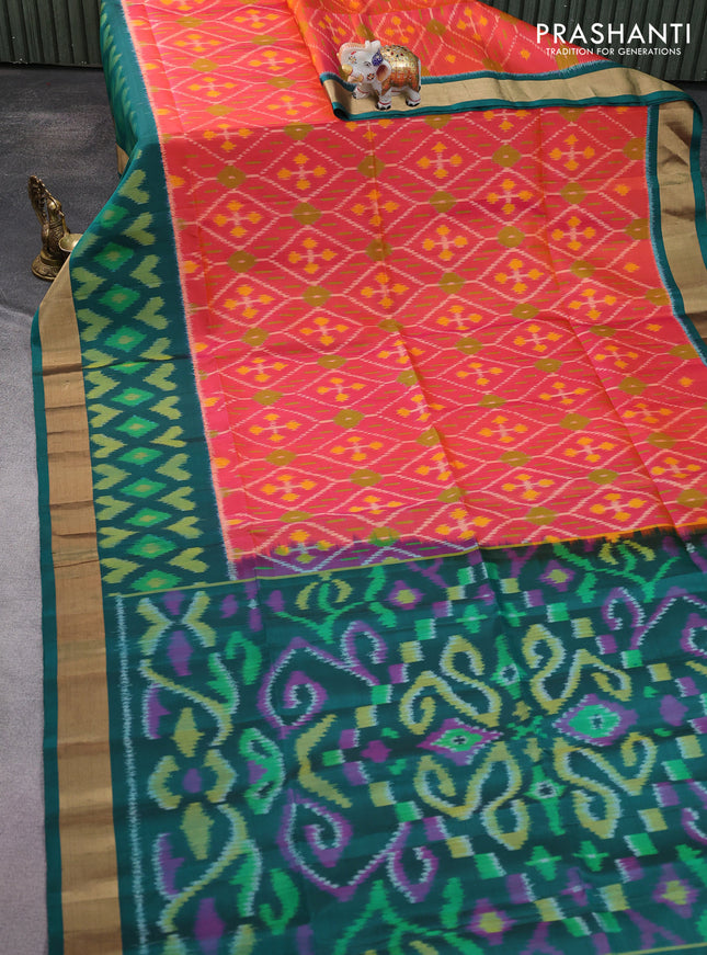 Ikat soft silk saree dual shade of pinkish orange and peacock green with allover ikat weaves and long ikat woven zari woven border