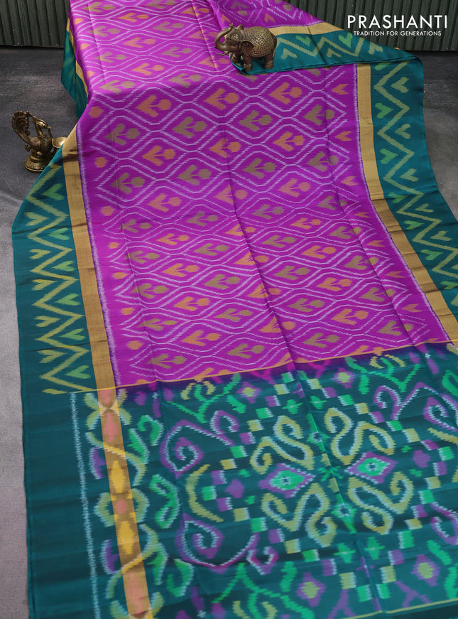 Ikat soft silk saree purple and peacock green with allover ikat weaves and zari woven simple border