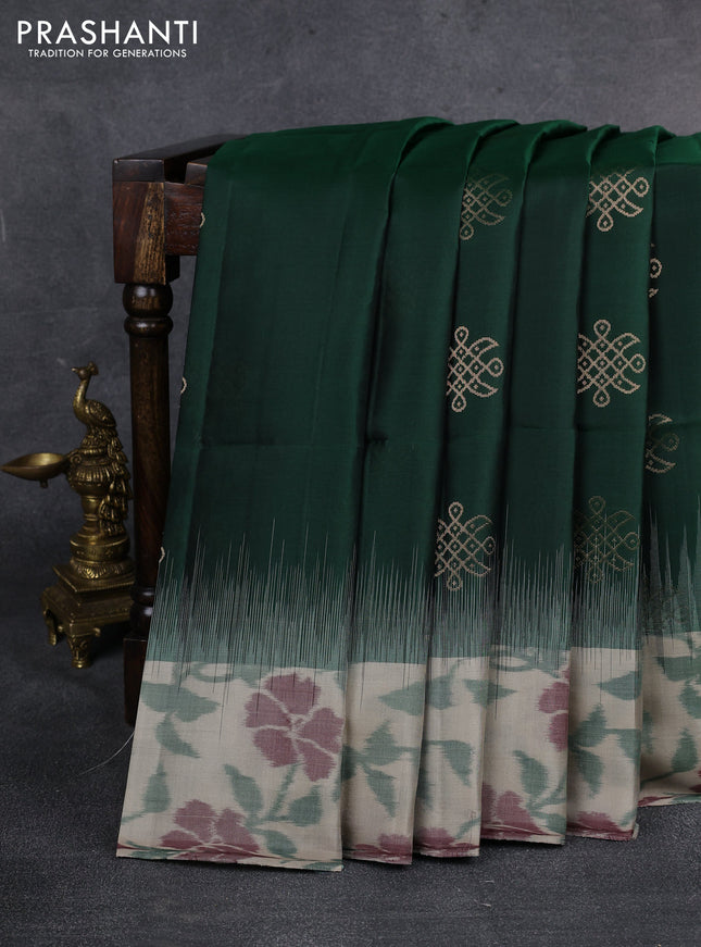 Ikat soft silk saree Dark green and beige with zari woven buttas and ikat style border