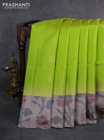Ikat soft silk saree fluorescent green and grey with zari woven buttas and ikat style border