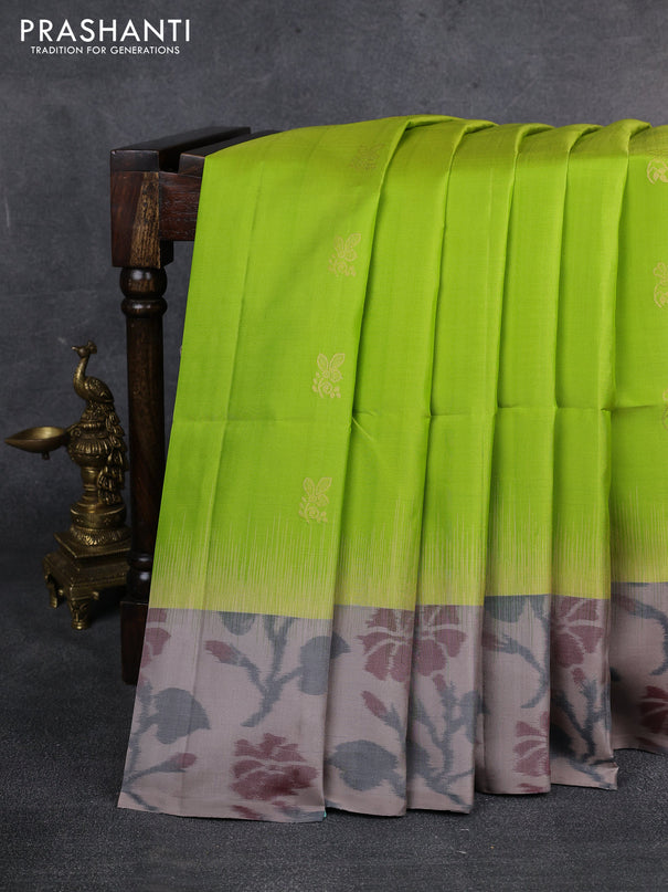 Ikat soft silk saree fluorescent green and grey with zari woven buttas and ikat style border