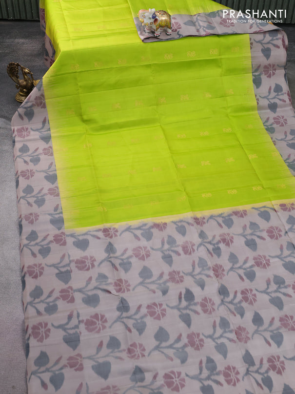 Ikat soft silk saree fluorescent green and grey with zari woven buttas and ikat style border