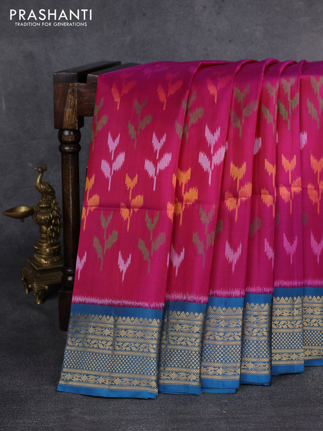 Ikat soft silk saree pink and cs blue with allover ikat weaves and zari woven border