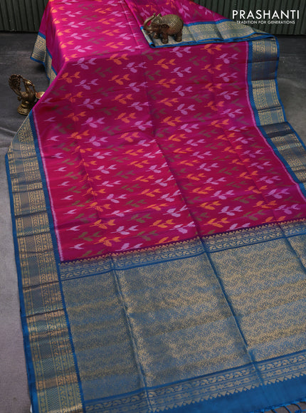 Ikat soft silk saree pink and cs blue with allover ikat weaves and zari woven border