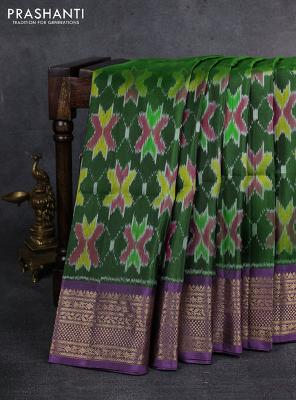 Ikat soft silk saree green and pastel lavender with allover ikat weaves and zari woven border