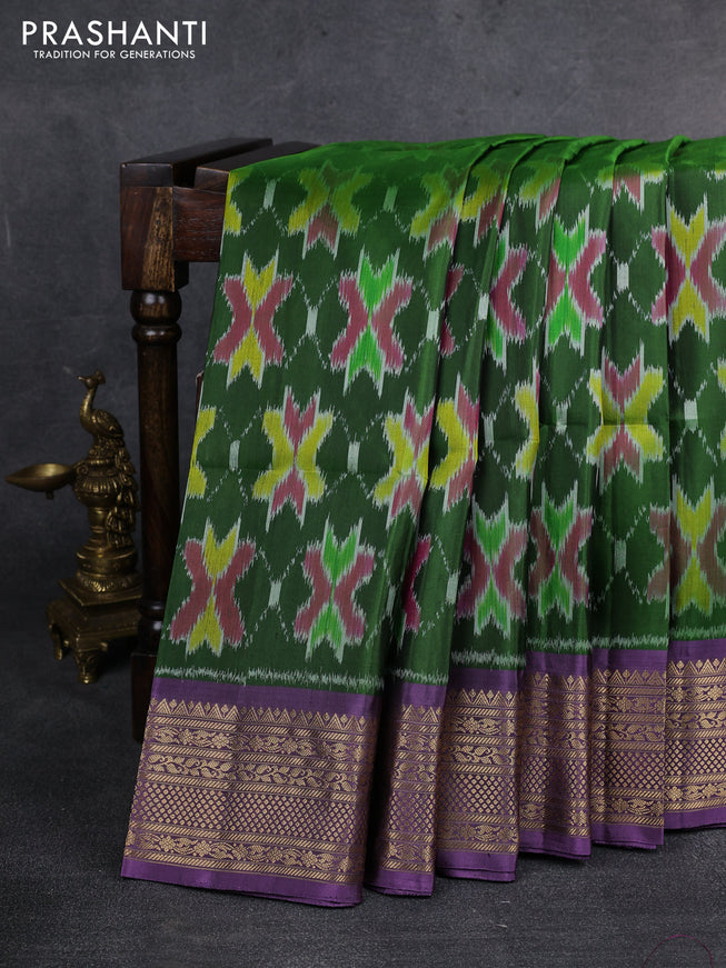 Ikat soft silk saree green and pastel lavender with allover ikat weaves and zari woven border