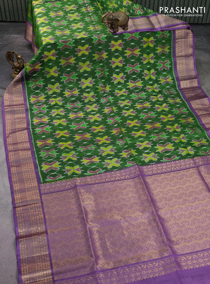 Ikat soft silk saree green and pastel lavender with allover ikat weaves and zari woven border