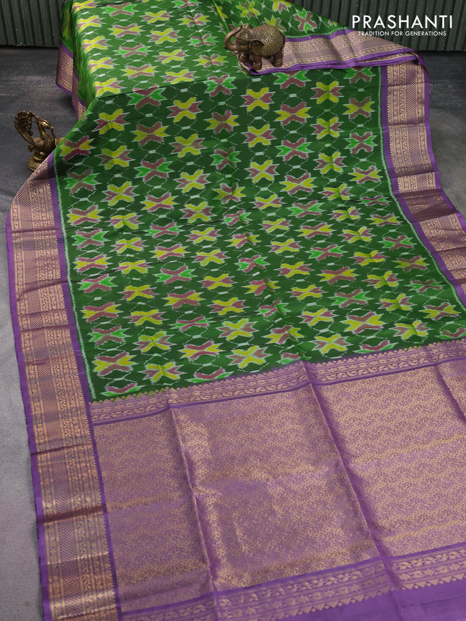 Ikat soft silk saree green and pastel lavender with allover ikat weaves and zari woven border
