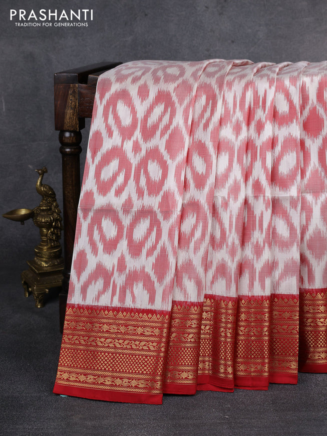 Ikat soft silk saree off white and red with allover ikat weaves and zari woven border