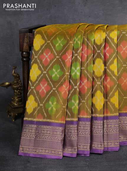 Ikat soft silk saree dark mustard and lavender shade with allover ikat weaves and zari woven border