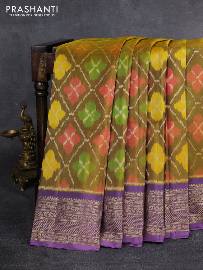 Ikat soft silk saree dark mustard and lavender shade with allover ikat weaves and zari woven border