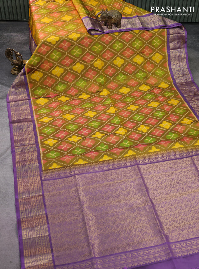 Ikat soft silk saree dark mustard and lavender shade with allover ikat weaves and zari woven border