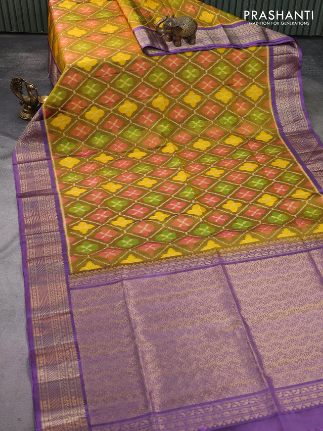 Ikat soft silk saree dark mustard and lavender shade with allover ikat weaves and zari woven border