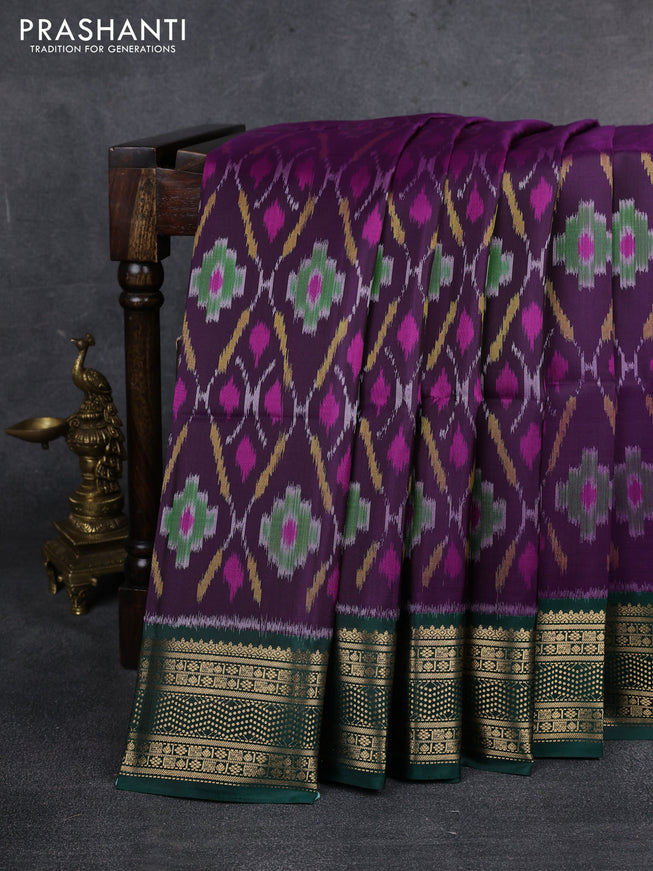 Ikat soft silk saree deep purple and green with allover ikat weaves and zari woven border