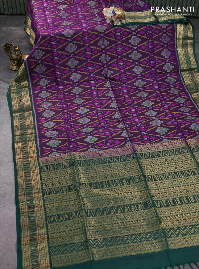 Ikat soft silk saree deep purple and green with allover ikat weaves and zari woven border