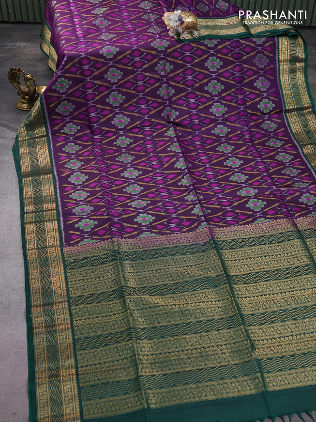 Ikat soft silk saree deep purple and green with allover ikat weaves and zari woven border