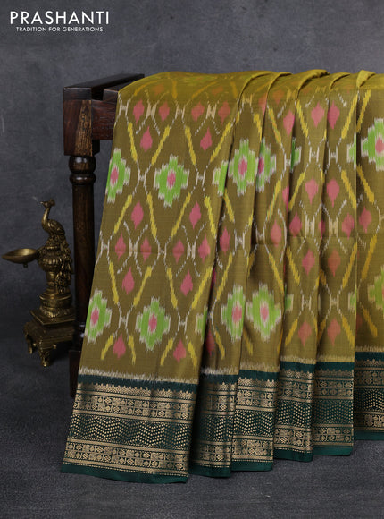 Ikat soft silk saree mehendi green and green with allover ikat weaves and zari woven border