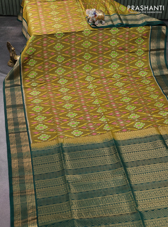Ikat soft silk saree mehendi green and green with allover ikat weaves and zari woven border