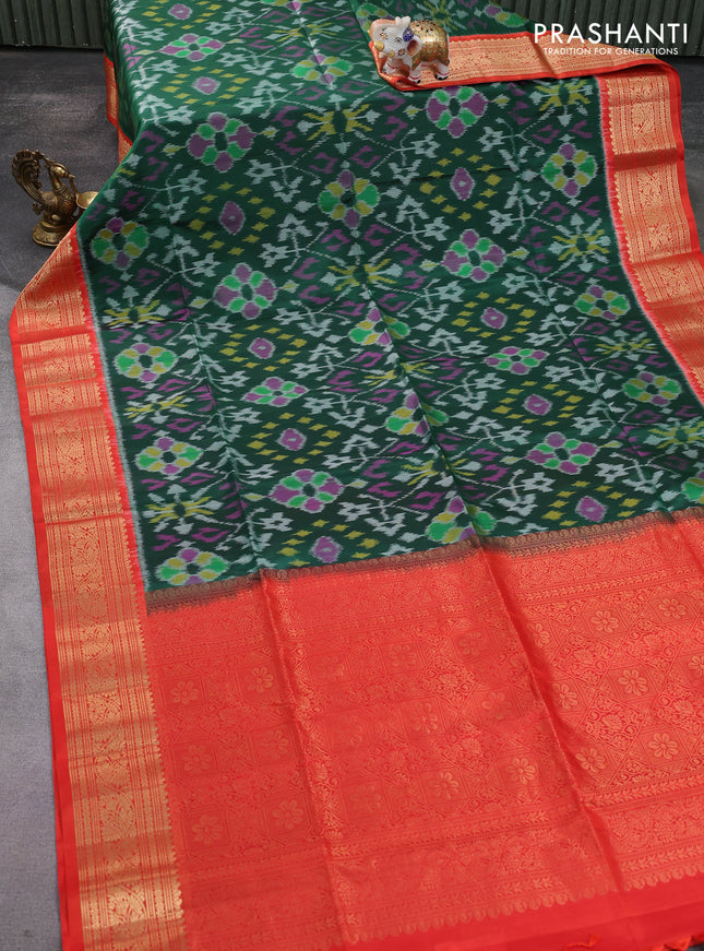 Ikat soft silk saree dark green and orange with allover ikat weaves and zari woven border
