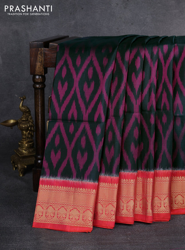 Ikat soft silk saree bottle green and dual shade of pinkish orange with allover ikat weaves and zari woven border
