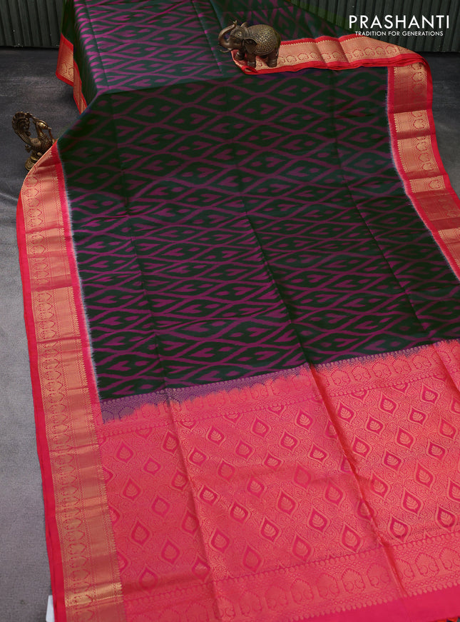 Ikat soft silk saree bottle green and dual shade of pinkish orange with allover ikat weaves and zari woven border