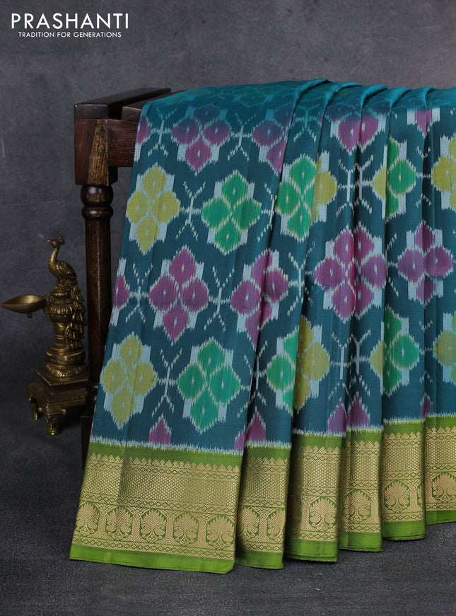 Ikat soft silk saree peacock green and light green with allover ikat weaves and zari woven border