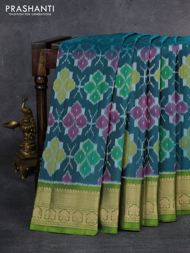 Ikat soft silk saree peacock green and light green with allover ikat weaves and zari woven border