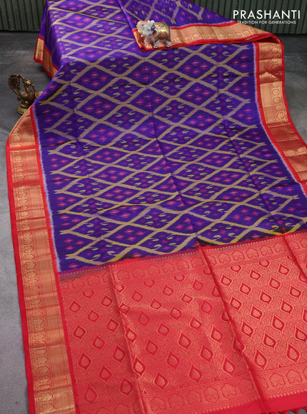 Ikat soft silk saree blue and red with allover ikat weaves and zari woven border