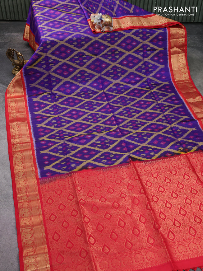 Ikat soft silk saree blue and red with allover ikat weaves and zari woven border