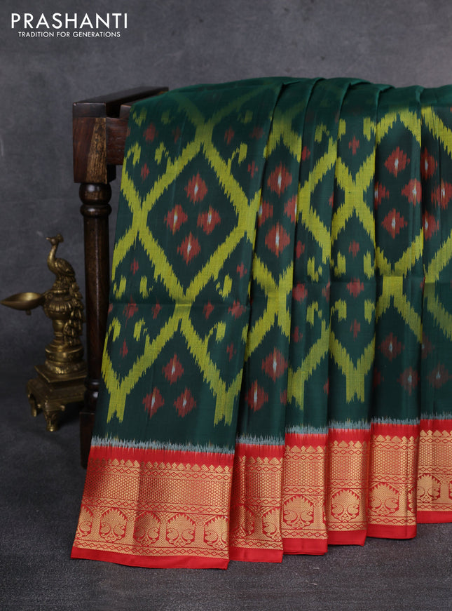 Ikat soft silk saree dark green and red with allover ikat weaves and zari woven border
