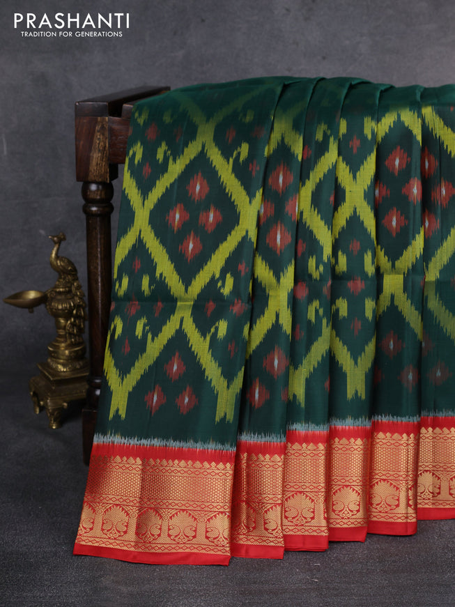 Ikat soft silk saree dark green and red with allover ikat weaves and zari woven border