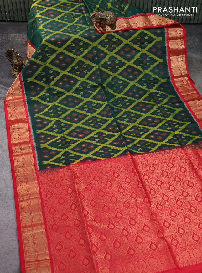 Ikat soft silk saree dark green and red with allover ikat weaves and zari woven border