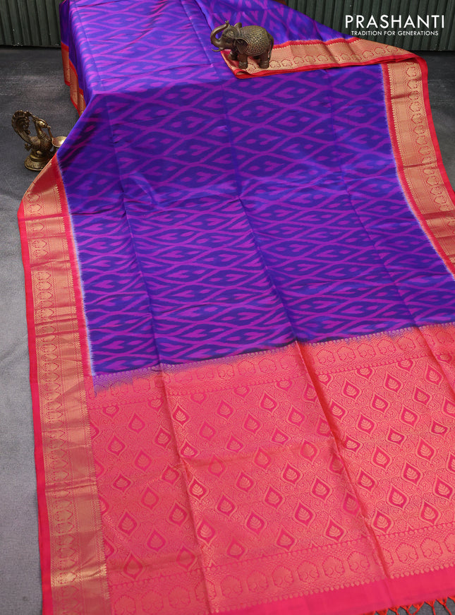 Ikat soft silk saree blue and dual shade of pink with allover ikat weaves and zari woven border
