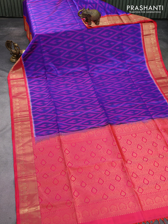 Ikat soft silk saree blue and dual shade of pink with allover ikat weaves and zari woven border